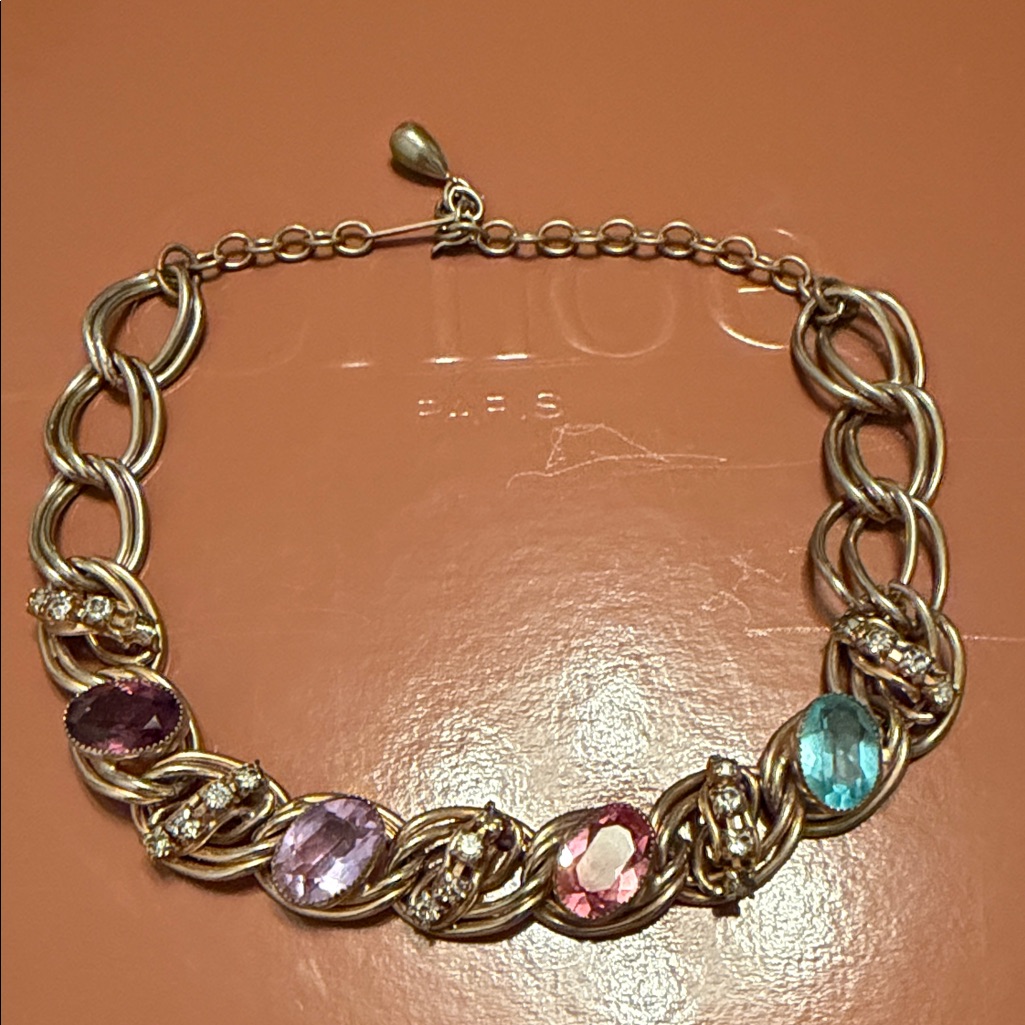 Vtg Gold-Tone Multi-Stone Adjustable Necklace With Pink, Purple & Blue Gems